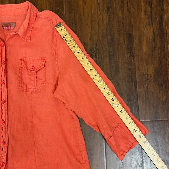 THE TERRITORY AHEAD 100% Linen Button-Up Shirt Roll-Tab Sleeve Orange - Picture 8 of 8
